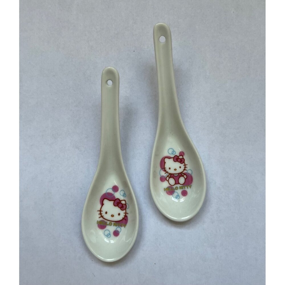 2 VTG Sanrio Hello Kitty Porcelain Spoons 4” Tokyo Japan Kawaii ‘76 ‘06 Pink
